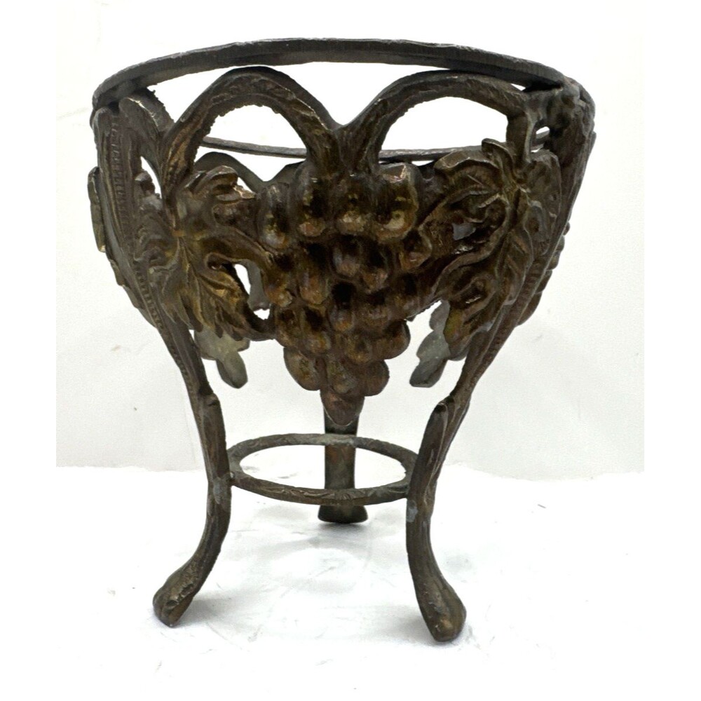 Vintage Patina Brass Grape Cluster Display Via Orb Candle Glass Stand 3 Legs 5”